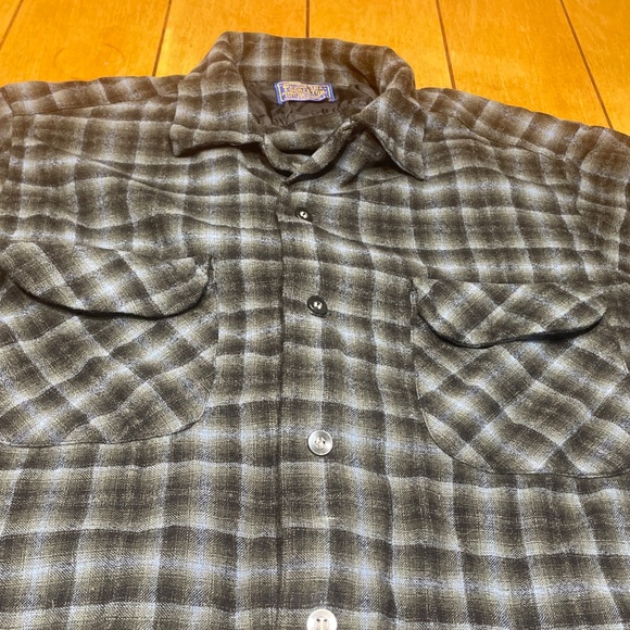Vintage Pendleton Wool Shirt Blue/Gray Plaid Loop Collar Large 60s USA - Picture 5 of 15